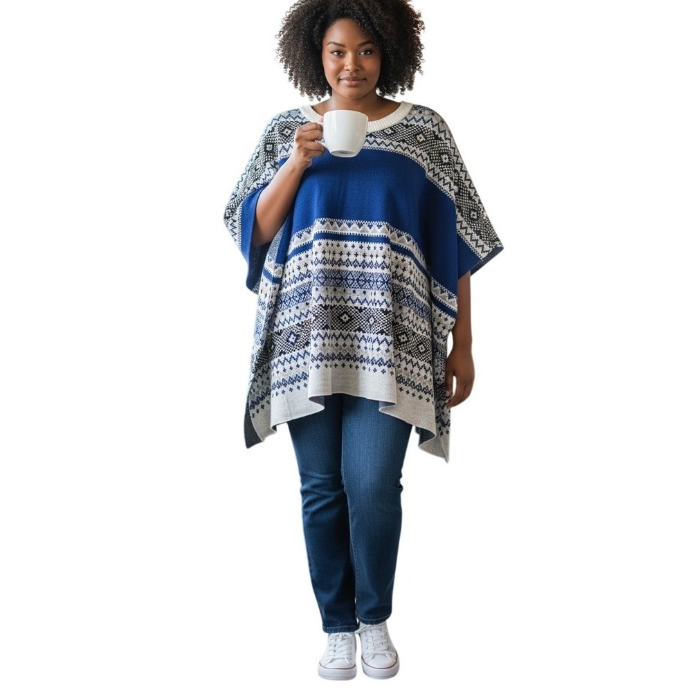 Lane Bryant‎ Poncho Sweater Size 18/20 Blue Fair Isle Knit Oversized Nordic Boho